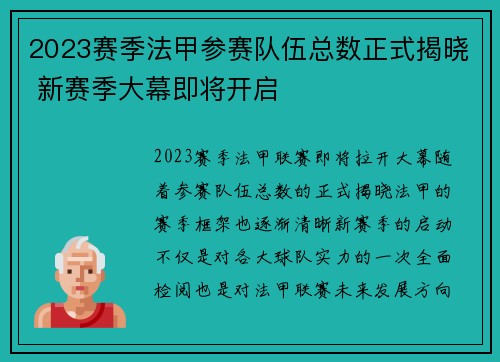 2023赛季法甲参赛队伍总数正式揭晓 新赛季大幕即将开启