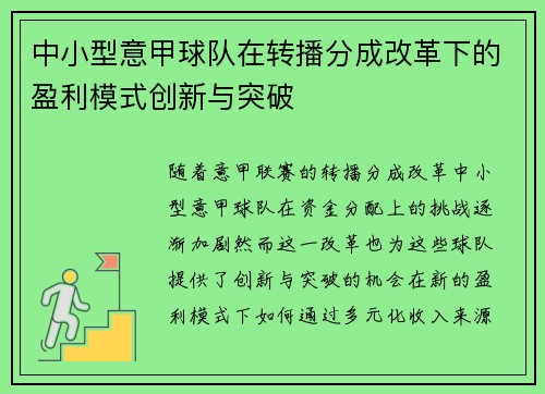 中小型意甲球队在转播分成改革下的盈利模式创新与突破