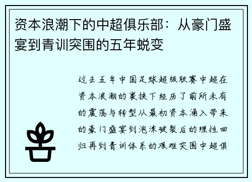 资本浪潮下的中超俱乐部：从豪门盛宴到青训突围的五年蜕变
